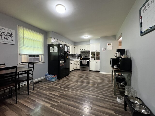 kitchen featuring stainless steel electric range, cooling unit, black fridge, and dark wood-style floors