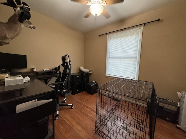 office area with a ceiling fan and wood finished floors