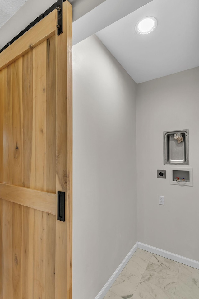4043 Marydale Dr, Nashville, TN 37207 - laundry area featuring hookup for an electric dryer, a barn door, baseboards, hookup for a washing machine, and marble finish floor