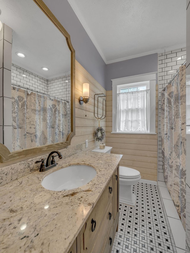 609 W Main St, Waverly, TN 37185 - bathroom featuring crown molding, vanity, toilet, tile patterned floors, and a shower with curtain