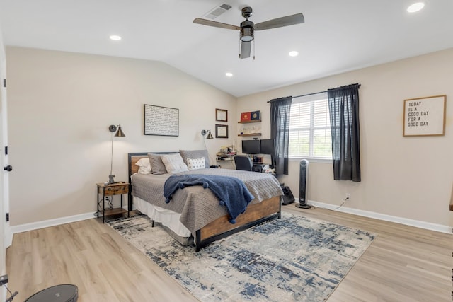 bedroom featuring visible vents, light wood-type flooring, baseboards, lofted ceiling, and recessed lighting