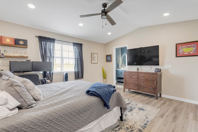 bedroom with recessed lighting, ceiling fan, light wood finished floors, and lofted ceiling