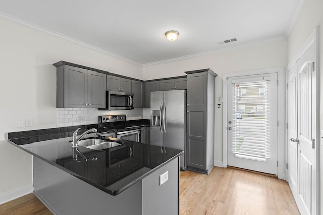 4325 Ashland City Hwy Unit 8, Nashville, TN 37218 - kitchen with visible vents, crown molding, appliances with stainless steel finishes, a sink, and a peninsula