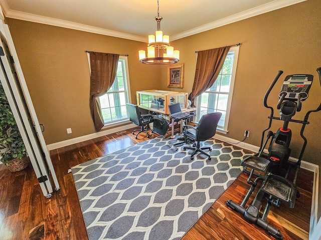 2971 Ownby Rd, Lewisburg, TN 37091 - office area featuring baseboards, an inviting chandelier, ornamental molding, and wood finished floors