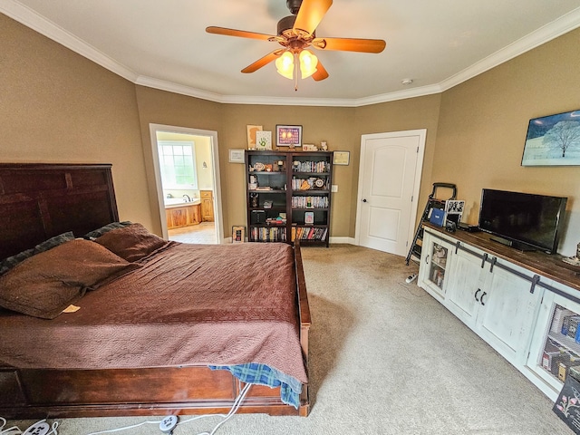 2971 Ownby Rd, Lewisburg, TN 37091 - carpeted bedroom with crown molding, a ceiling fan, baseboards, and ensuite bath