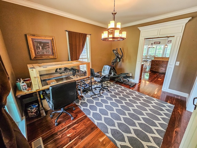 2971 Ownby Rd, Lewisburg, TN 37091 - office featuring crown molding, an inviting chandelier, baseboards, wood finished floors, and visible vents