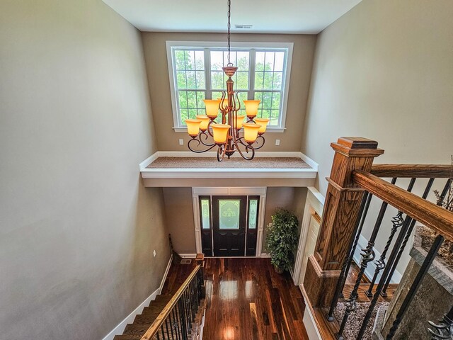2971 Ownby Rd, Lewisburg, TN 37091 - entrance foyer with an inviting chandelier, baseboards, wood-type flooring, and stairs