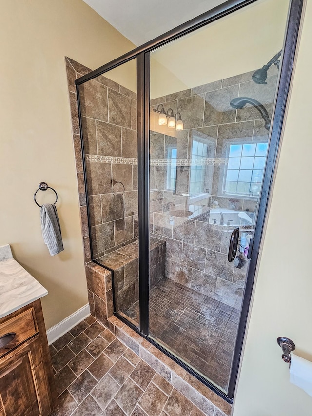 2971 Ownby Rd, Lewisburg, TN 37091 - bathroom featuring vanity, baseboards, and a shower stall