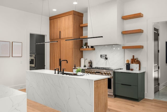 6120 Bresslyn Rd, Nashville, TN 37205 - kitchen with open shelves, stainless steel appliances, modern cabinets, decorative backsplash, and light wood finished floors