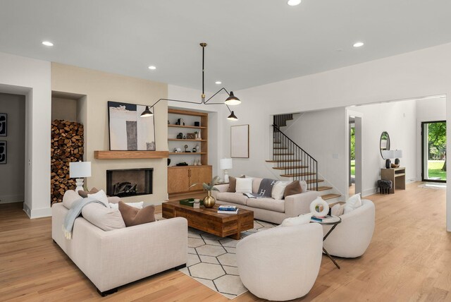 6120 Bresslyn Rd, Nashville, TN 37205 - living room with light wood-style flooring, recessed lighting, stairs, and a fireplace