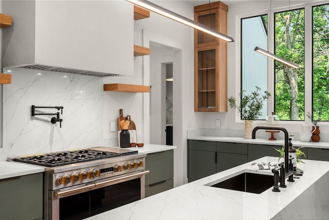 6120 Bresslyn Rd, Nashville, TN 37205 - kitchen featuring high end stove, custom exhaust hood, gray cabinetry, and decorative backsplash