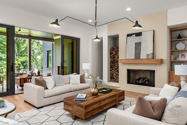 6120 Bresslyn Rd, Nashville, TN 37205 - living room with a fireplace, light wood-type flooring, recessed lighting, and ceiling fan