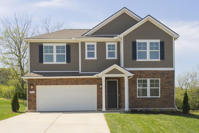 view of front of property with a front lawn, stone siding, roof with shingles, an attached garage, and driveway