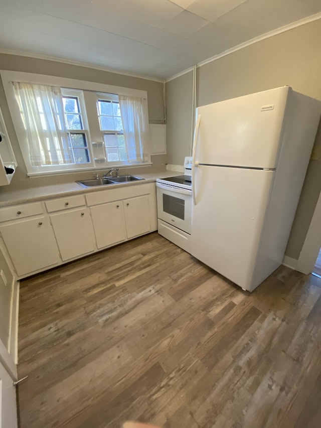 kitchen featuring white appliances, ornamental molding, a sink, and wood finished floors