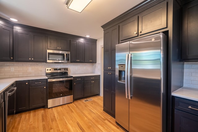 kitchen with appliances with stainless steel finishes, light wood finished floors, light countertops, backsplash, and visible vents