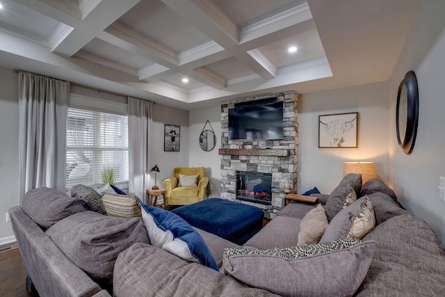 111 Thacker Dr, Portland, TN 37148 - living room with a stone fireplace, crown molding, beam ceiling, wood finished floors, and coffered ceiling