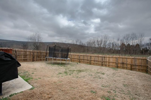 view of yard with a fenced backyard and a trampoline