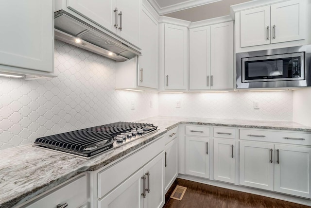kitchen featuring light stone countertops, white cabinetry, under cabinet range hood, tasteful backsplash, and appliances with stainless steel finishes