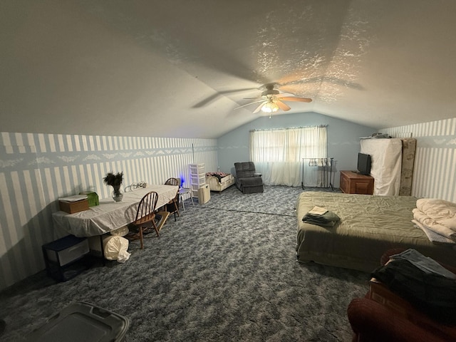 carpeted bedroom featuring a ceiling fan, a textured ceiling, and lofted ceiling