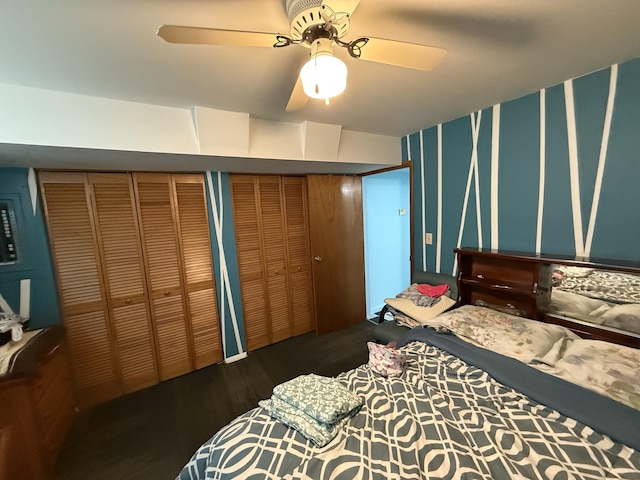 bedroom featuring a ceiling fan, multiple closets, and wood finished floors