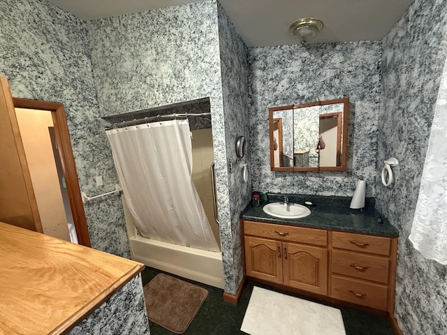 full bathroom featuring vanity and shower / tub combo with curtain
