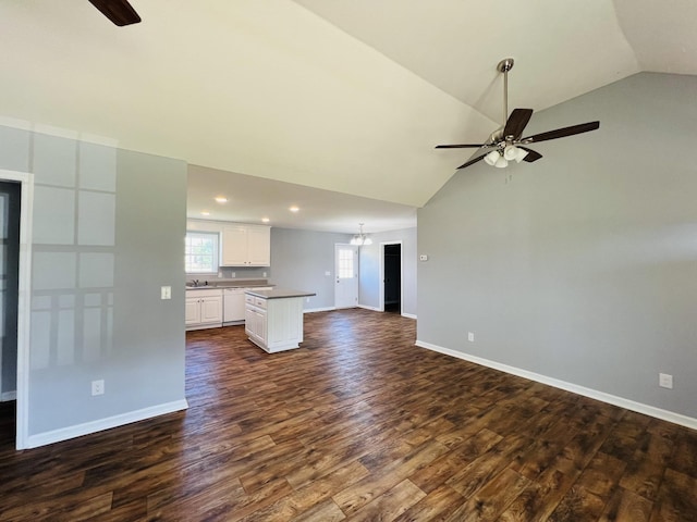436 White Rd, Leoma, TN 38468 - unfurnished living room featuring recessed lighting, baseboards, dark wood-style floors, and ceiling fan with notable chandelier