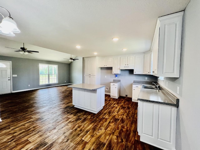 436 White Rd, Leoma, TN 38468 - kitchen with dark wood-style flooring, a ceiling fan, a kitchen island, and a sink