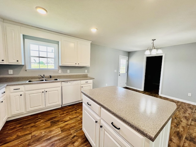 436 White Rd, Leoma, TN 38468 - kitchen featuring an inviting chandelier, dark wood-style flooring, white cabinets, a sink, and dishwasher