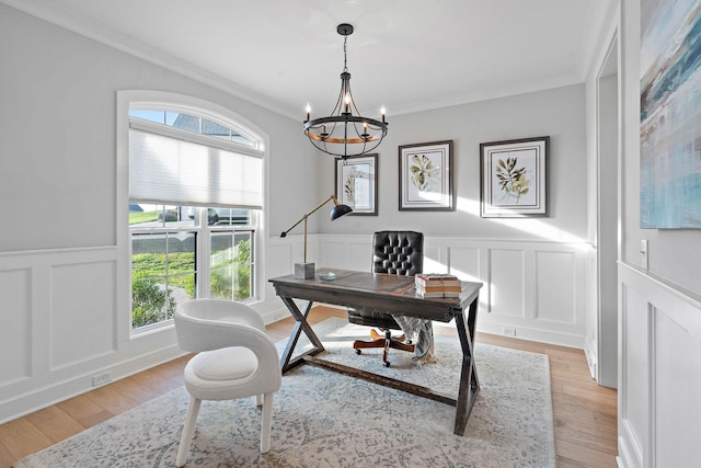 1209 Janie Sue Ct, Lebanon, TN 37087 - office with a decorative wall, ornamental molding, a chandelier, wainscoting, and light wood finished floors