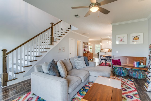 living room featuring a ceiling fan, ornamental molding, wood finished floors, and stairway