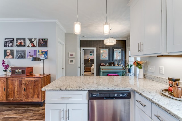 kitchen with stainless steel dishwasher, a peninsula, white cabinets, and light stone countertops