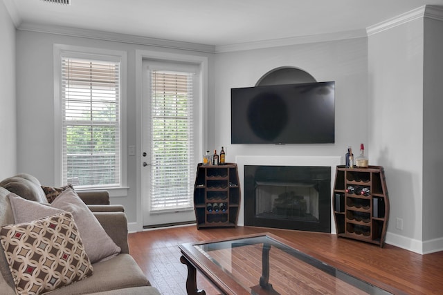 living room with a fireplace, plenty of natural light, wood-type flooring, and ornamental molding
