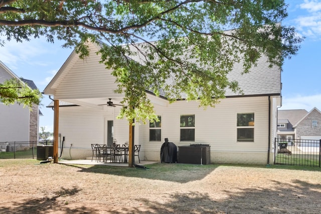 rear view of property with fence, a patio, ceiling fan, and cooling unit