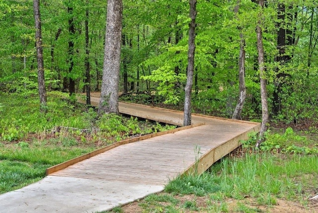 view of community featuring a wooded view