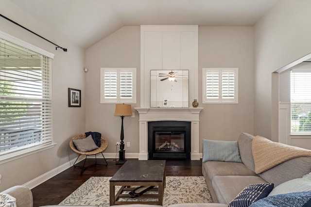 6006 Trotwood Ln, Spring Hill, TN 37174 - living room featuring a fireplace, a ceiling fan, wood finished floors, and lofted ceiling