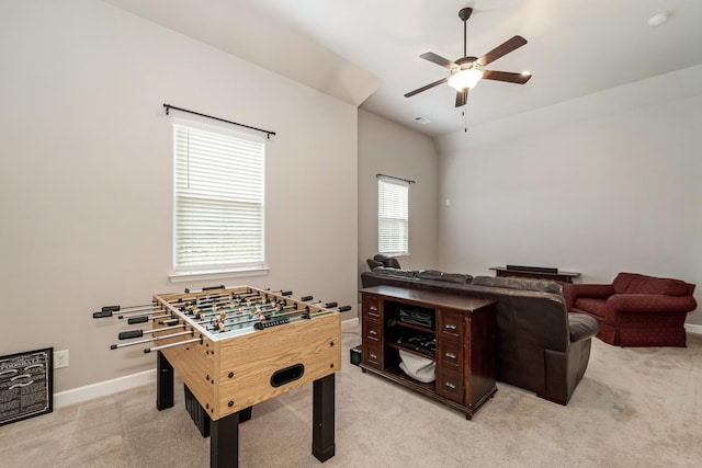 6006 Trotwood Ln, Spring Hill, TN 37174 - recreation room with light colored carpet, a ceiling fan, baseboards, and vaulted ceiling