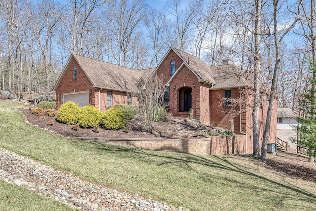 single story home with central air condition unit, brick siding, a chimney, and a front yard