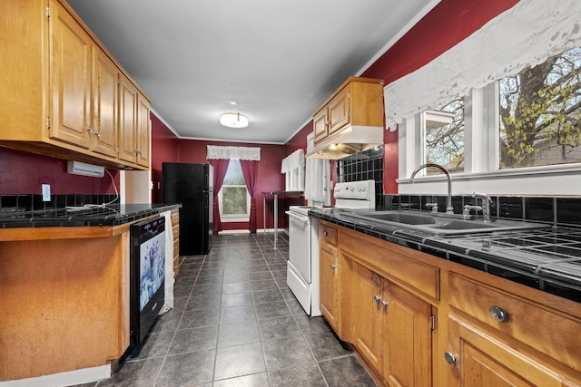 kitchen with freestanding refrigerator, tile counters, a sink, white electric stove, and dishwasher