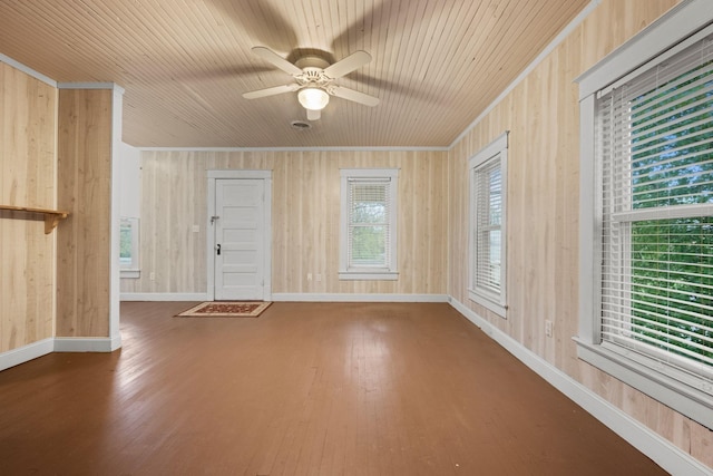 interior space featuring wood ceiling, ceiling fan, wood finished floors, and wooden walls