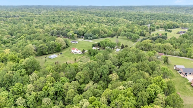 aerial view featuring a wooded view