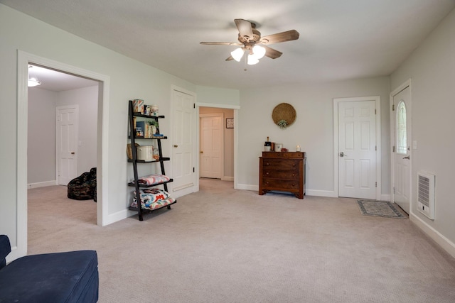bedroom featuring baseboards, ceiling fan, carpet, and visible vents