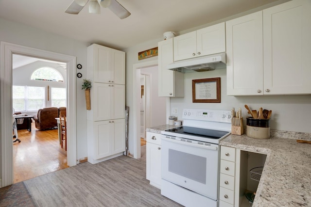 kitchen with ceiling fan, light wood-style floors, white cabinetry, under cabinet range hood, and white electric range