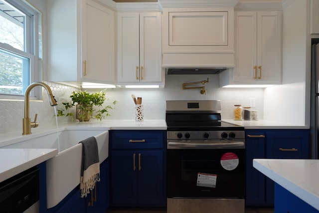 kitchen featuring blue cabinets, a sink, white cabinets, electric stove, and dishwashing machine