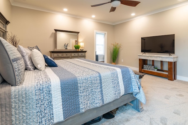 bedroom with carpet floors, recessed lighting, baseboards, and ornamental molding