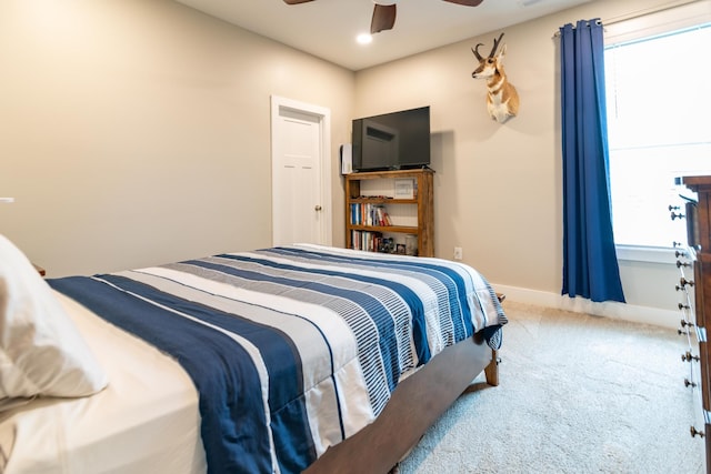 bedroom featuring carpet floors, a ceiling fan, baseboards, and recessed lighting