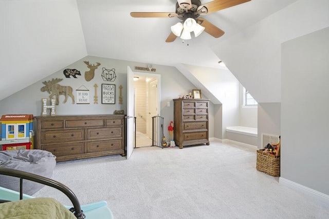 1121 Walnut Grove Church Rd, Dayton, TN 37321 - bedroom featuring ceiling fan, light colored carpet, visible vents, baseboards, and vaulted ceiling