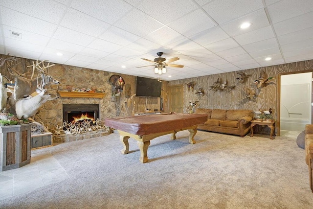 1121 Walnut Grove Church Rd, Dayton, TN 37321 - rec room featuring a stone fireplace, a ceiling fan, carpet, and a paneled ceiling