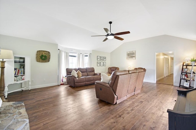 1121 Walnut Grove Church Rd, Dayton, TN 37321 - living room featuring wood finished floors, baseboards, ceiling fan, and lofted ceiling