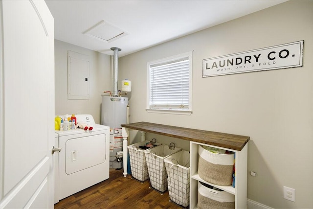 1121 Walnut Grove Church Rd, Dayton, TN 37321 - laundry area featuring laundry area, washer and dryer, electric panel, dark wood finished floors, and water heater