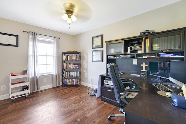 1121 Walnut Grove Church Rd, Dayton, TN 37321 - office area with dark wood-type flooring, baseboards, ceiling fan, and visible vents